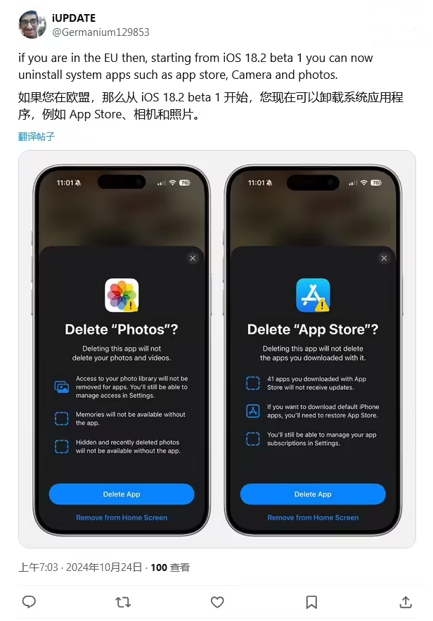 利辛苹果手机维修分享iOS 18.2 支持删除 App Store 应用商店 