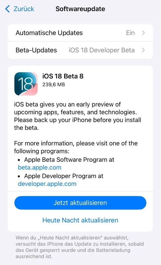 利辛苹果手机维修分享苹果 iOS / iPadOS 18 开发者预览版 Beta 8 发布 